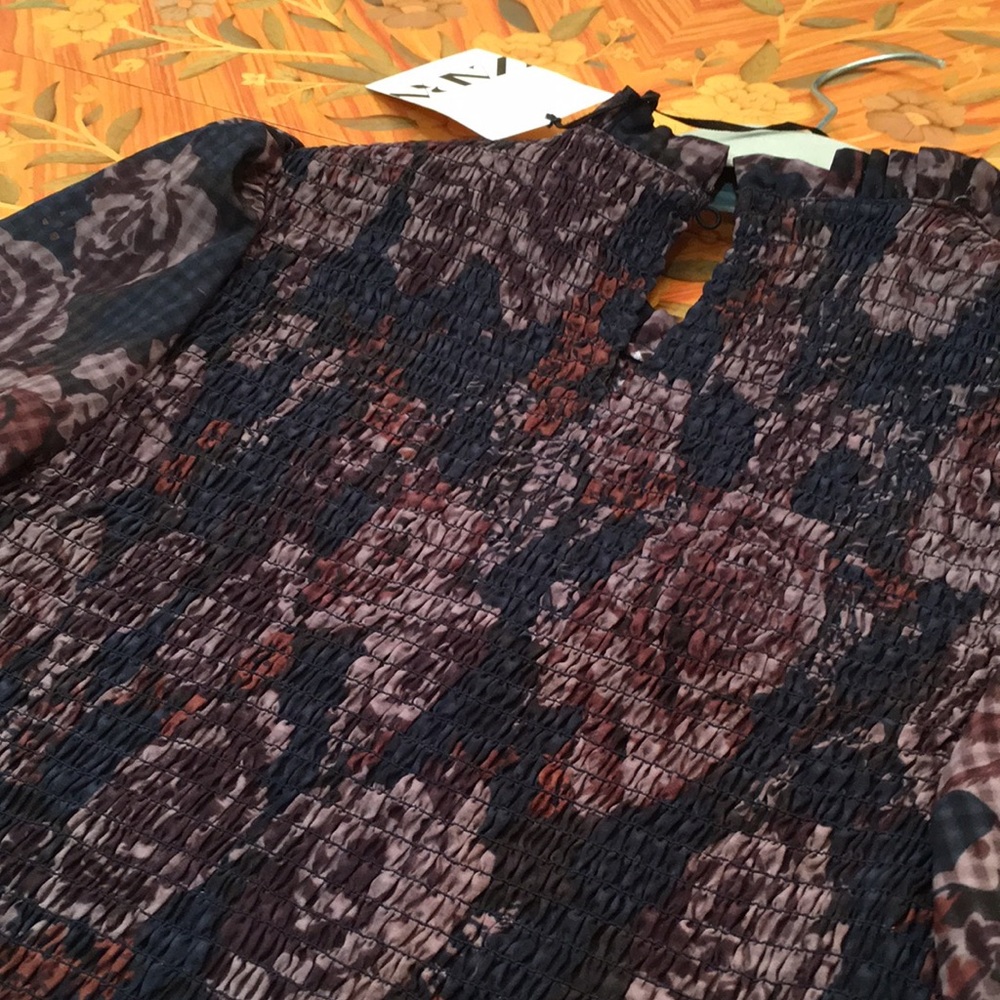 Zara puff sleeves Smocked Floral Print Ruffled Hem Mini Dress sz.XS - Picture 10 of 16